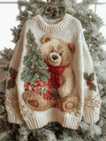 Pull de Noël Femme Col Rond Maille Motifs en Relief