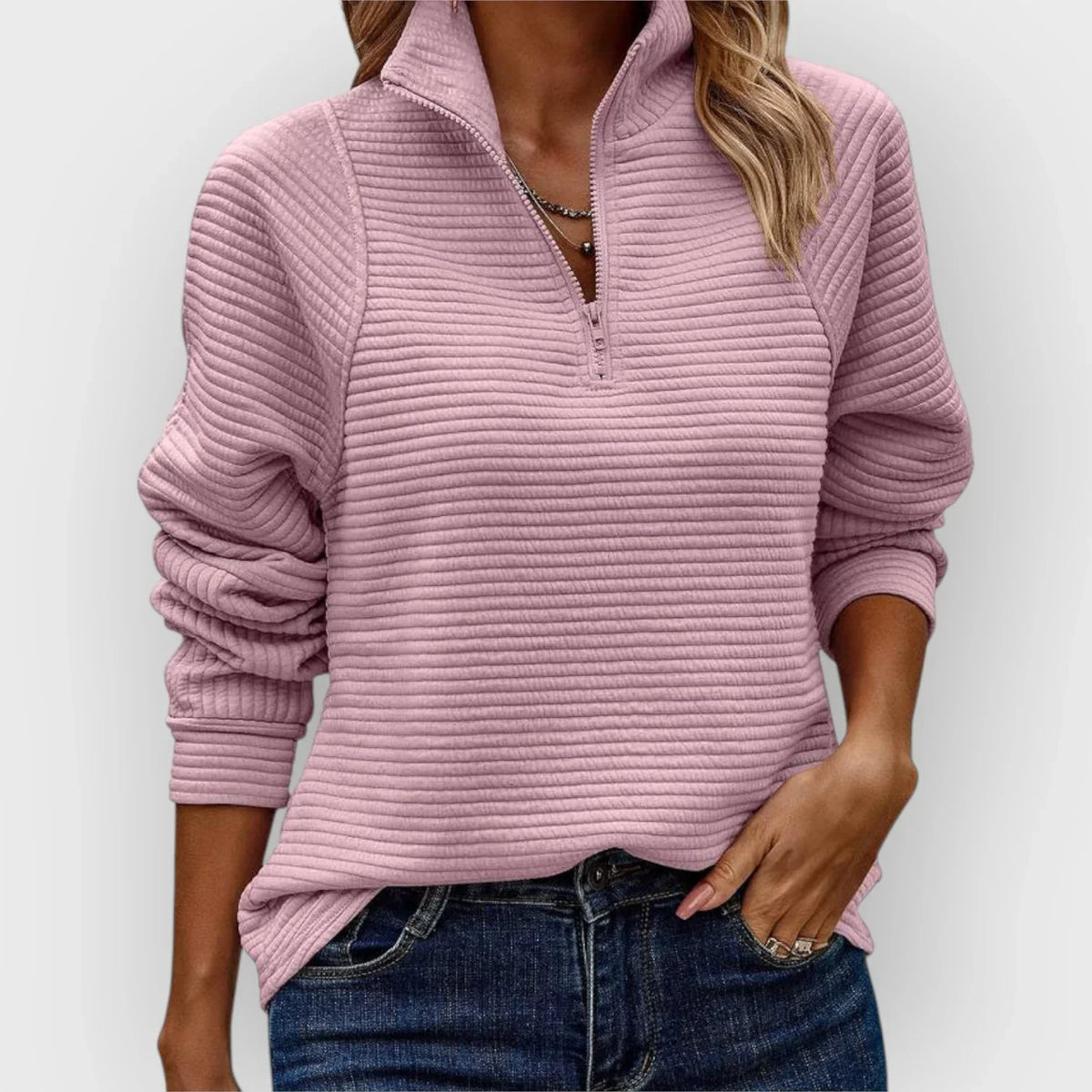 Pull demi-zip col V femme - Rose