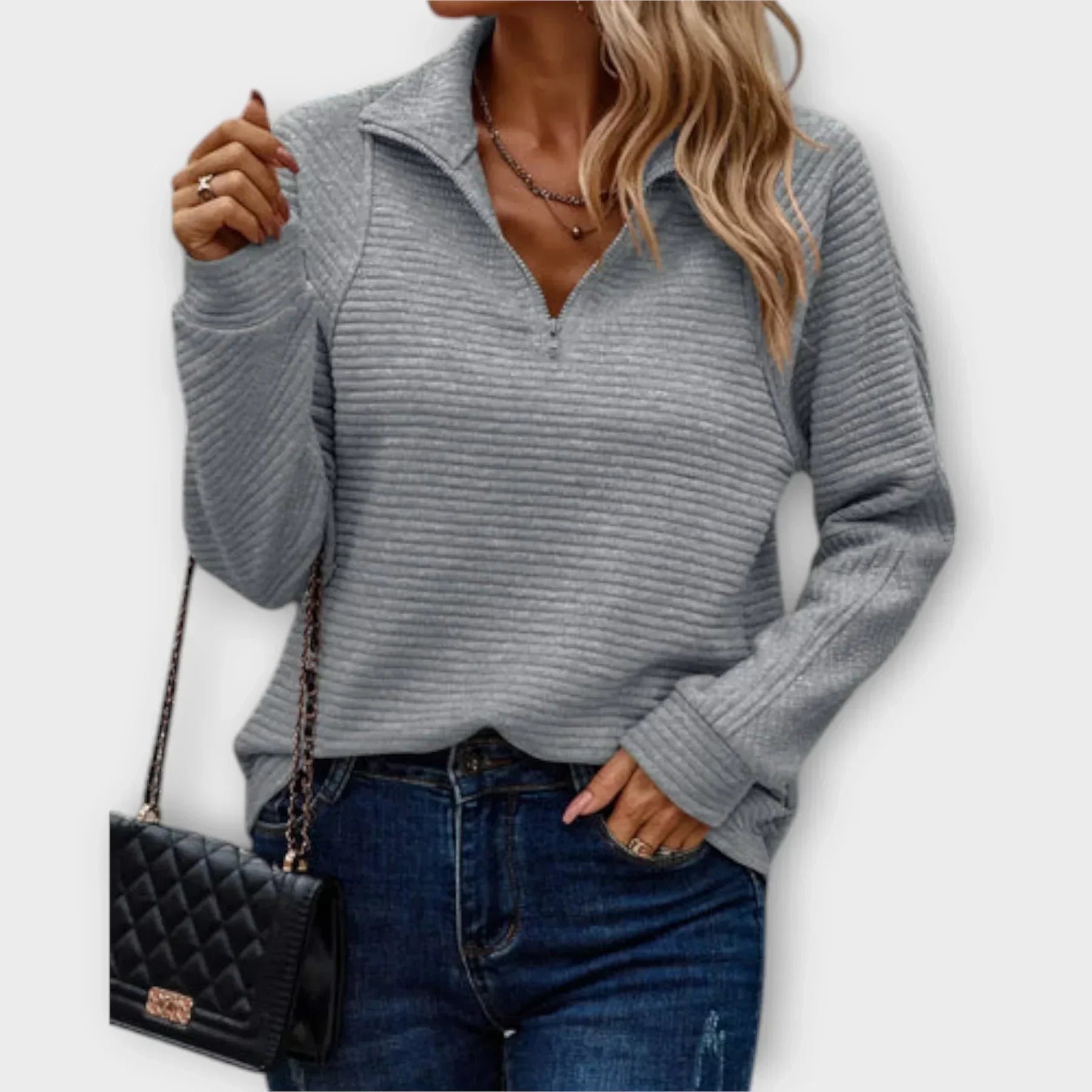 Pull demi-zip col V femme - Gris