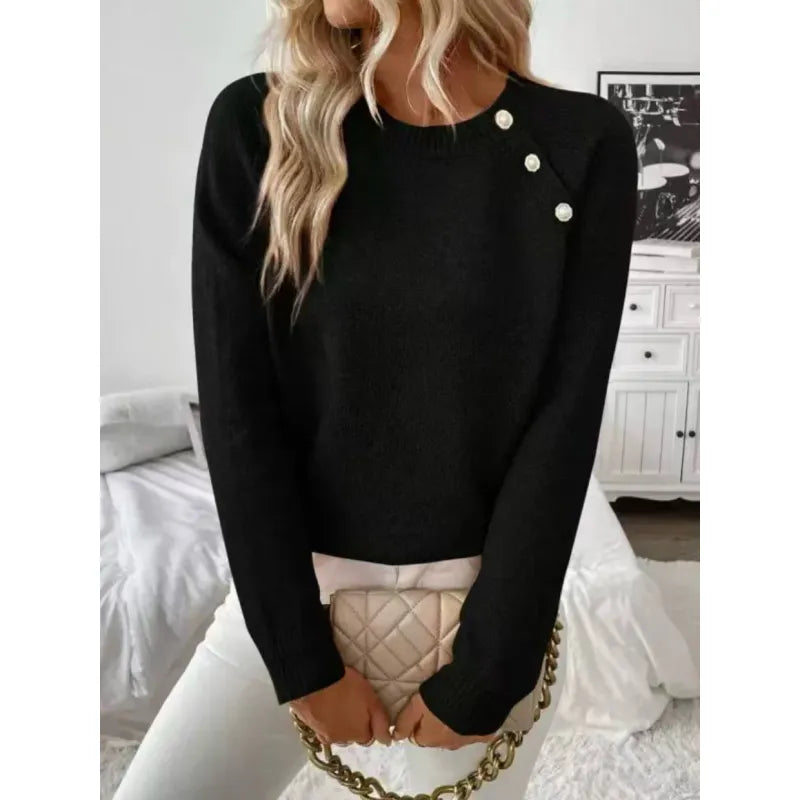 Pull Femme Col Rond Boutons Épaule Manches Longues Côtelé