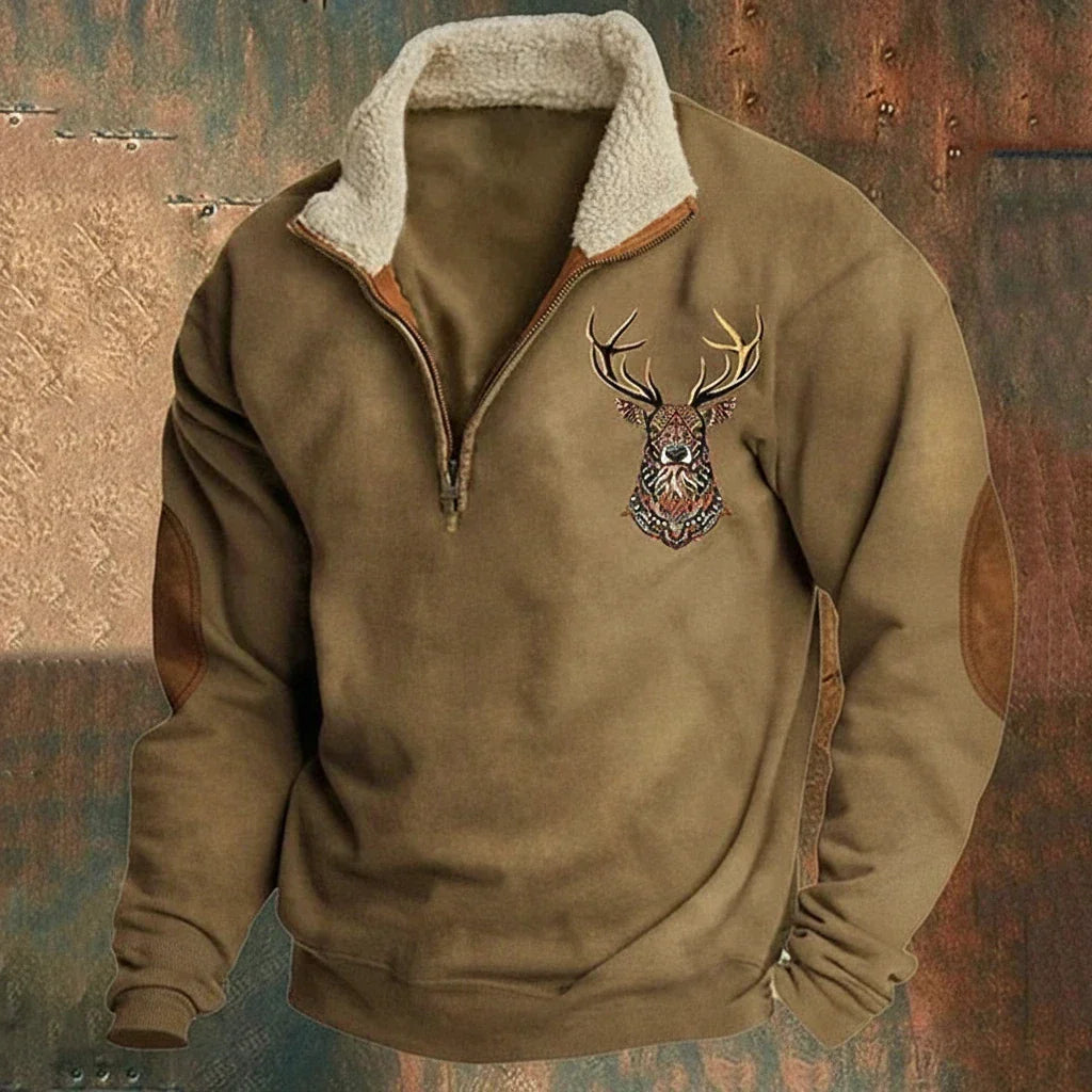 Pull Homme Col Half-Zip Motif Cerf - Marron