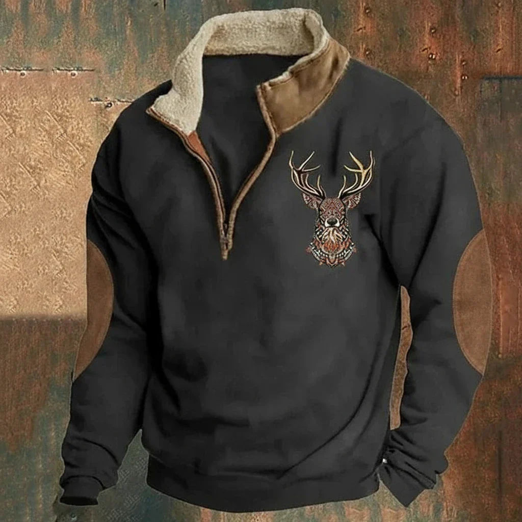 Pull Homme Col Half-Zip Motif Cerf - Noir