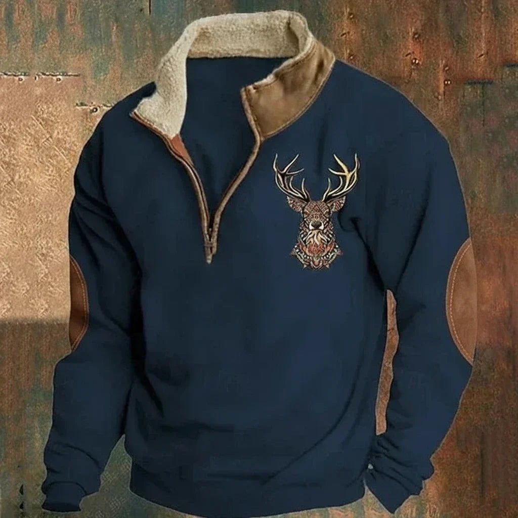 Pull Homme Col Half-Zip Motif Cerf - Bleu