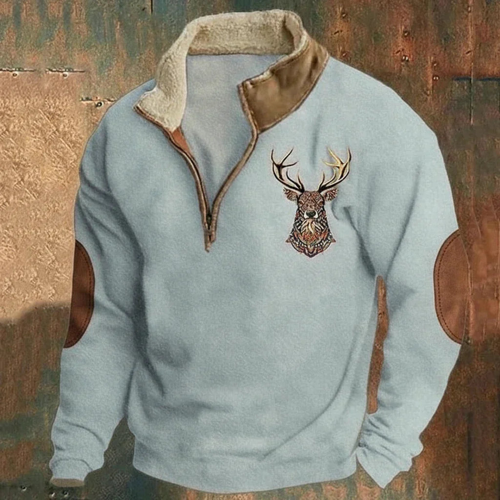 Pull Homme Col Half-Zip Motif Cerf - Gris