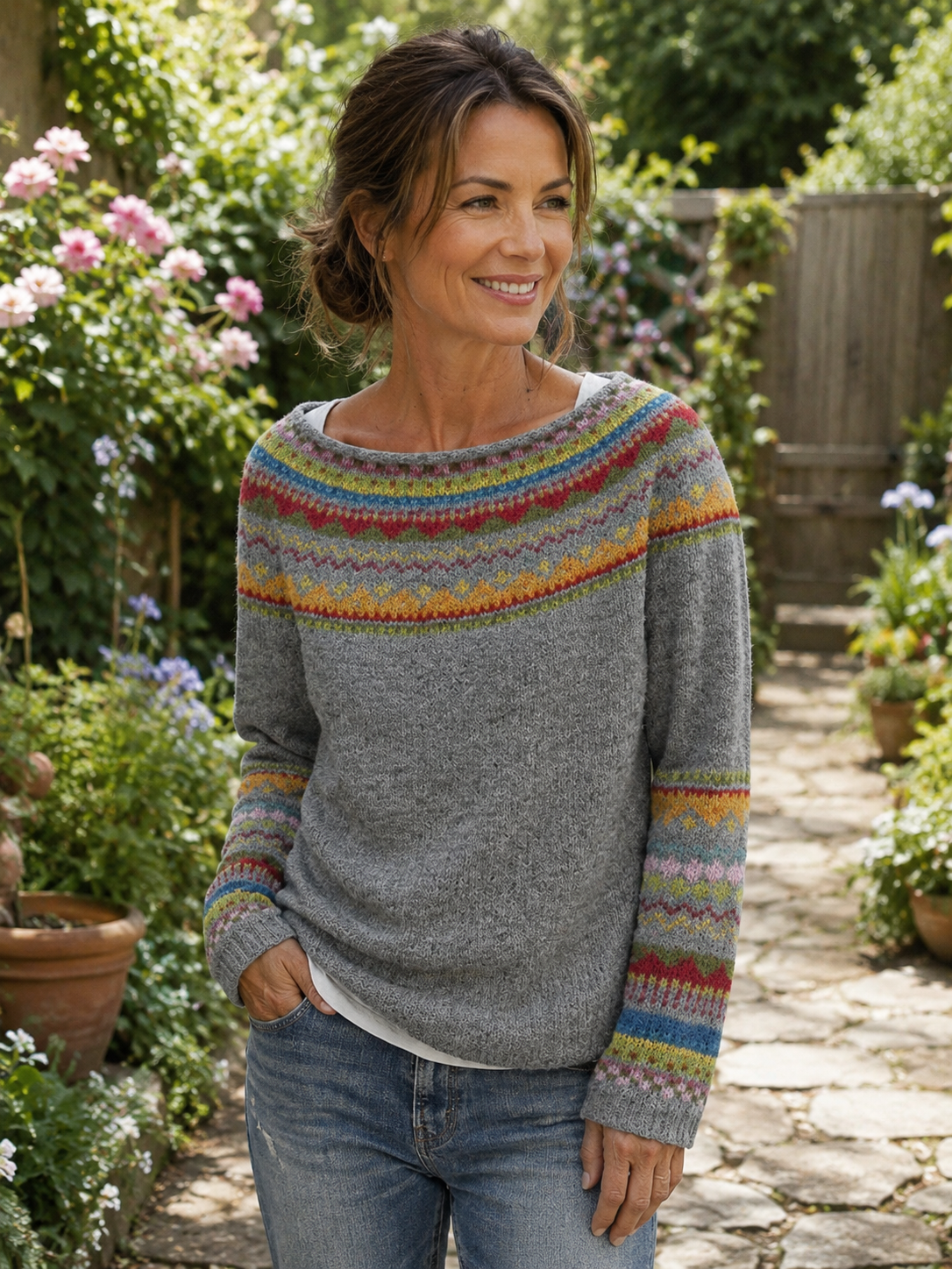 Pull jacquard col rond femme à manches longues