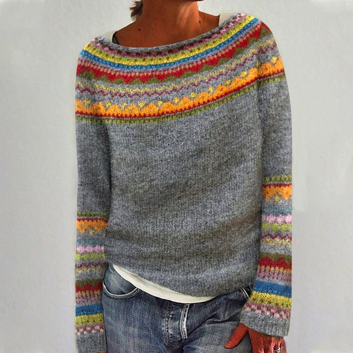 Pull jacquard col rond femme à manches longues