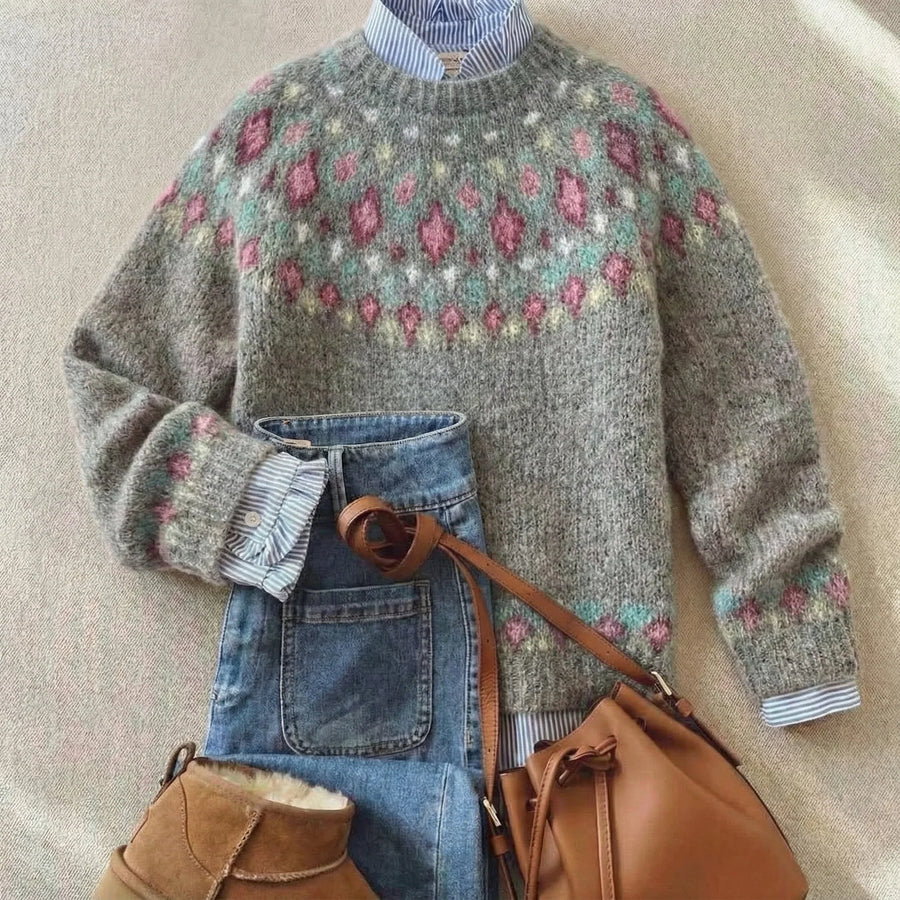 Pull Jacquard Nordique Femme Maille Col Rond Manches Longues