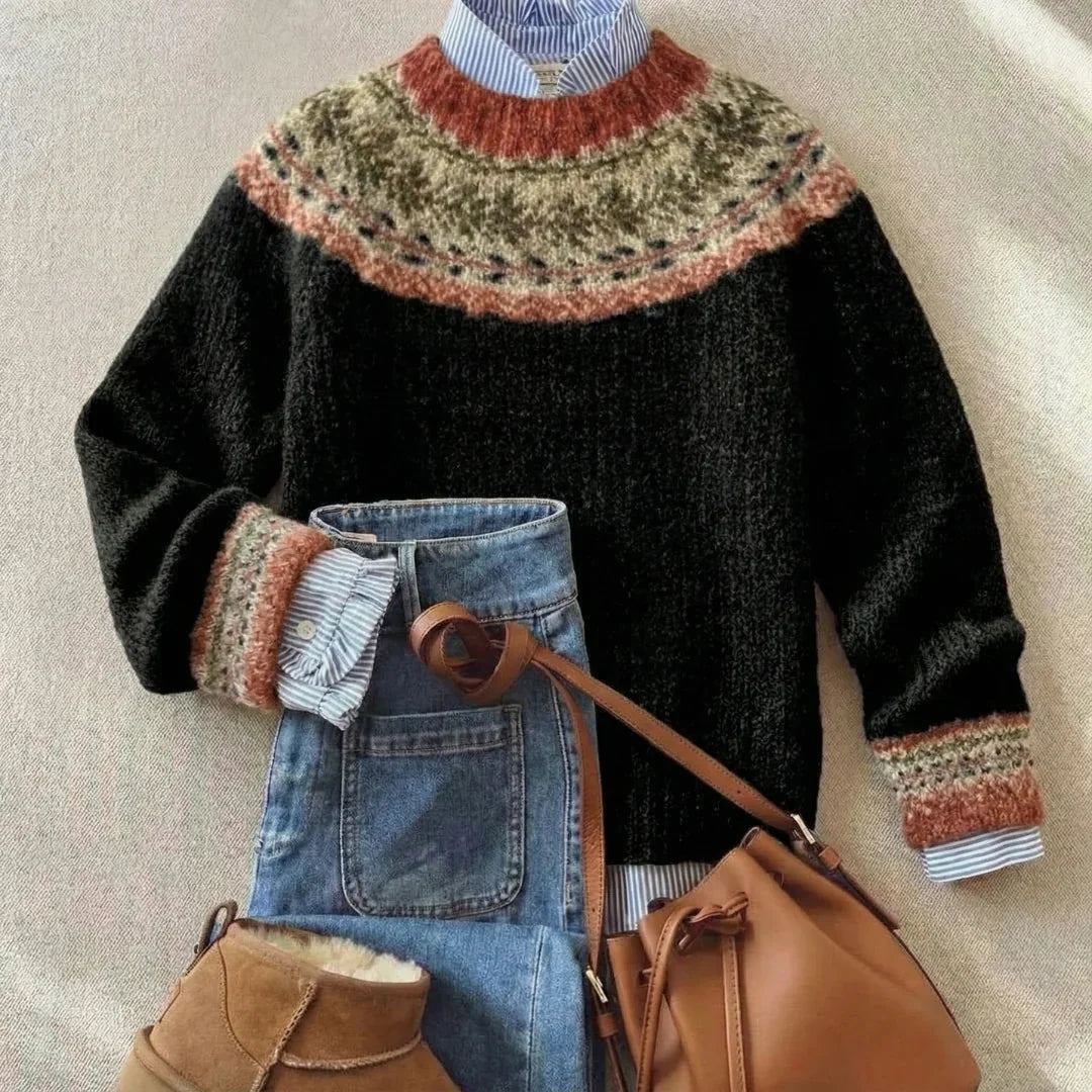 Pull Jacquard Nordique Femme Col Rond Manches Longues - Black Heritage