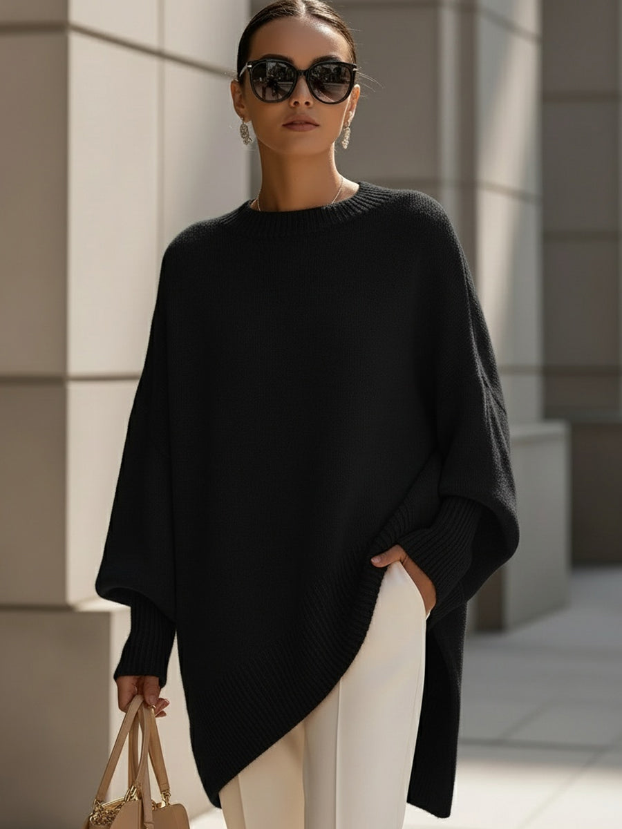 Pull oversize femme en laine col rond - Noir