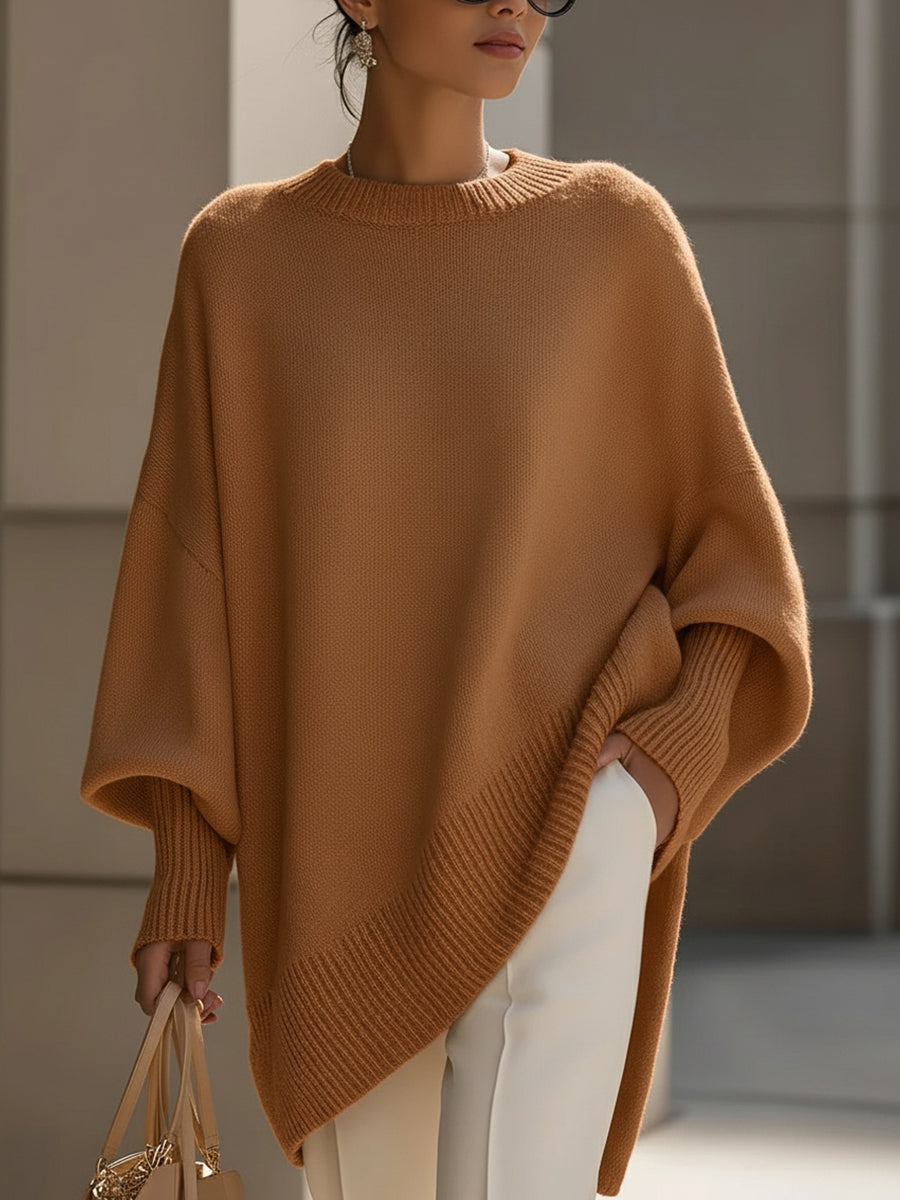 Pull oversize femme en laine col rond - Marron