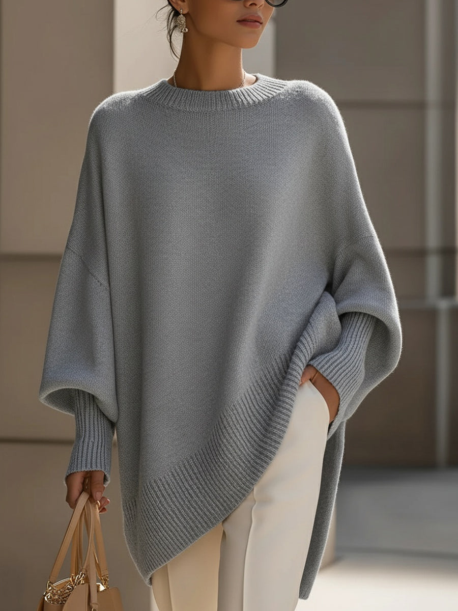 Pull oversize femme en laine col rond - Gris