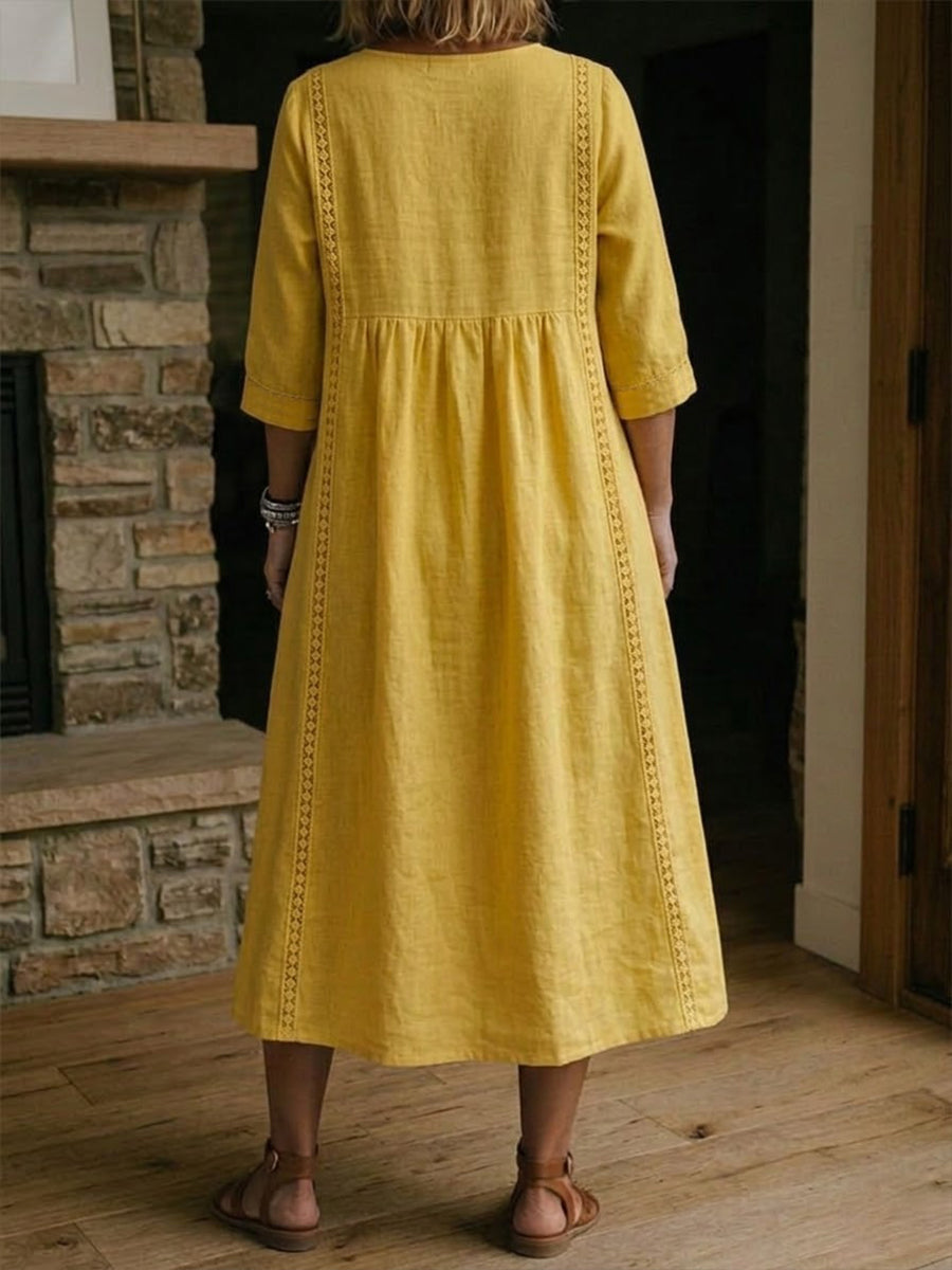 Robe femme col V coton-lin avec dentelle