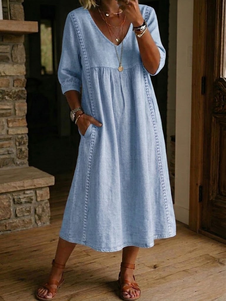 Robe femme col V coton-lin avec dentelle