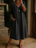 Robe femme col V coton-lin avec dentelle