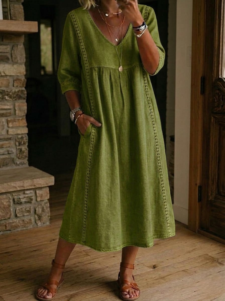 Robe femme col V coton-lin avec dentelle