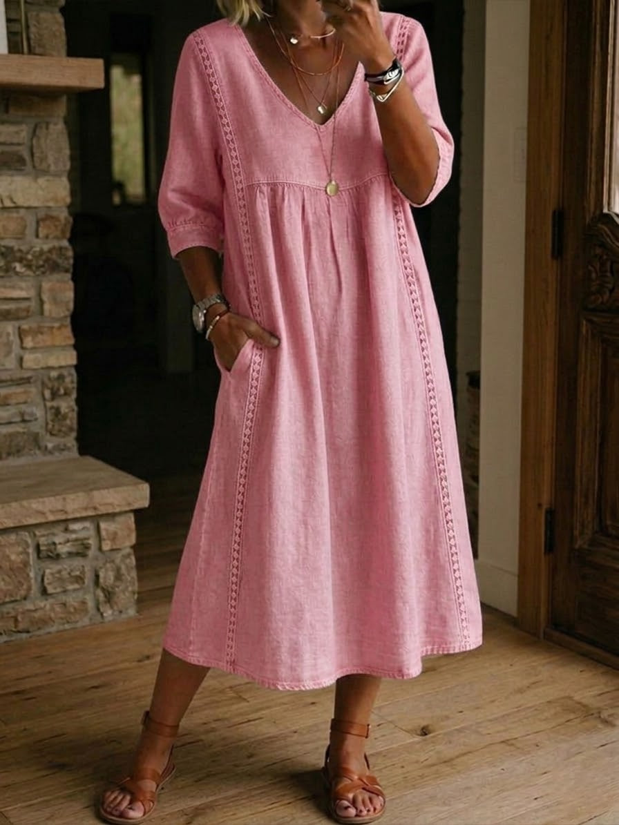 Robe femme col V coton-lin avec dentelle