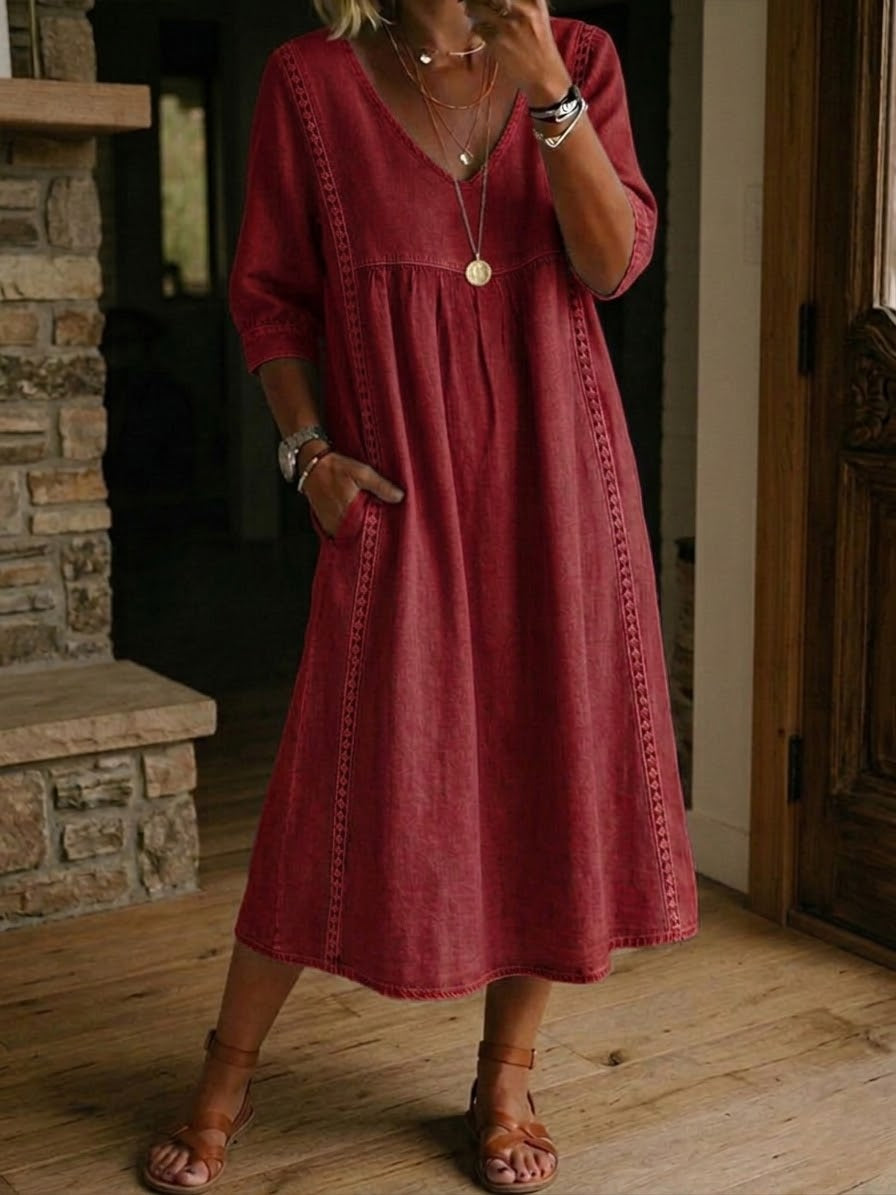 Robe femme col V coton-lin avec dentelle