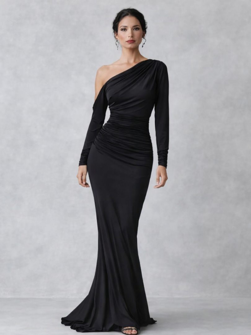 Robe de Soirée Asymétrique Une Épaule Froncée Longue Femme