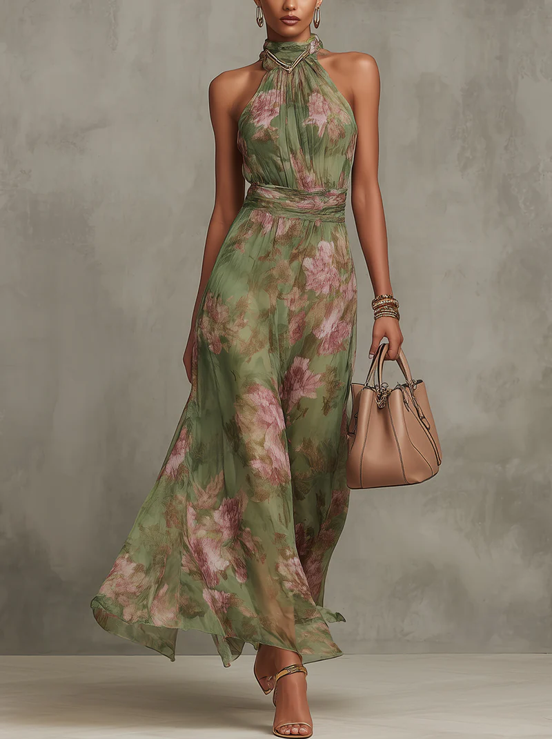 Robe halter fleurie taille marquée jupe fluide
