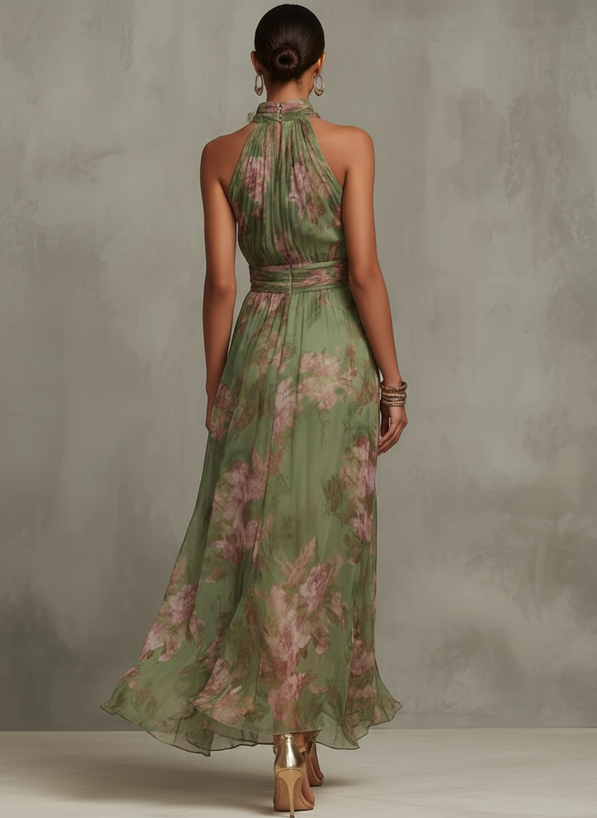 Robe halter fleurie taille marquée jupe fluide