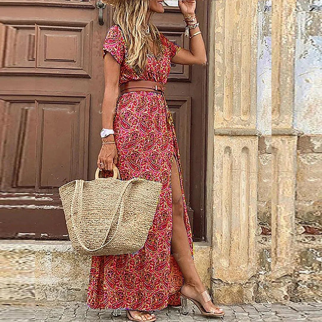 Robe Maxi Bohème Femme avec Ceinture Assortie