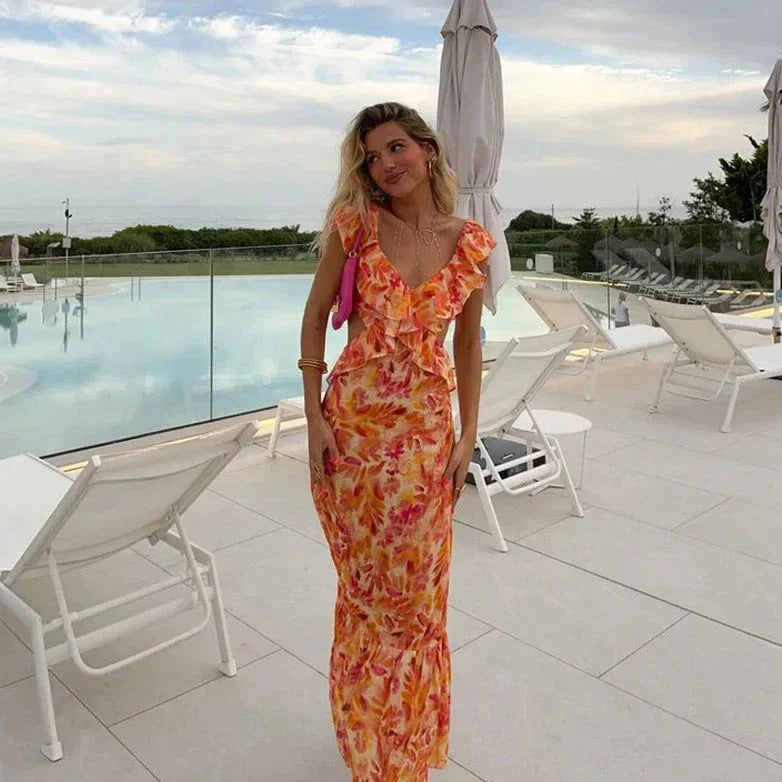 Robe maxi femme à volants imprimé fleuri dos nu
