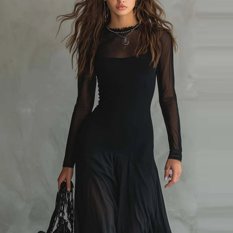 Robe Maxi Femme Gothique Mesh Rayé Ceinture Boucle Chiffon Soirée