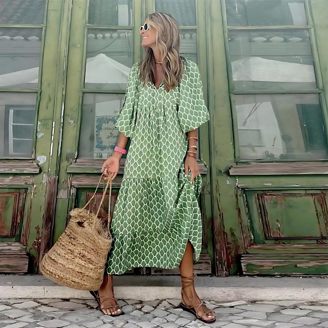 Robe maxi fleurie col V manches bouffantes femme