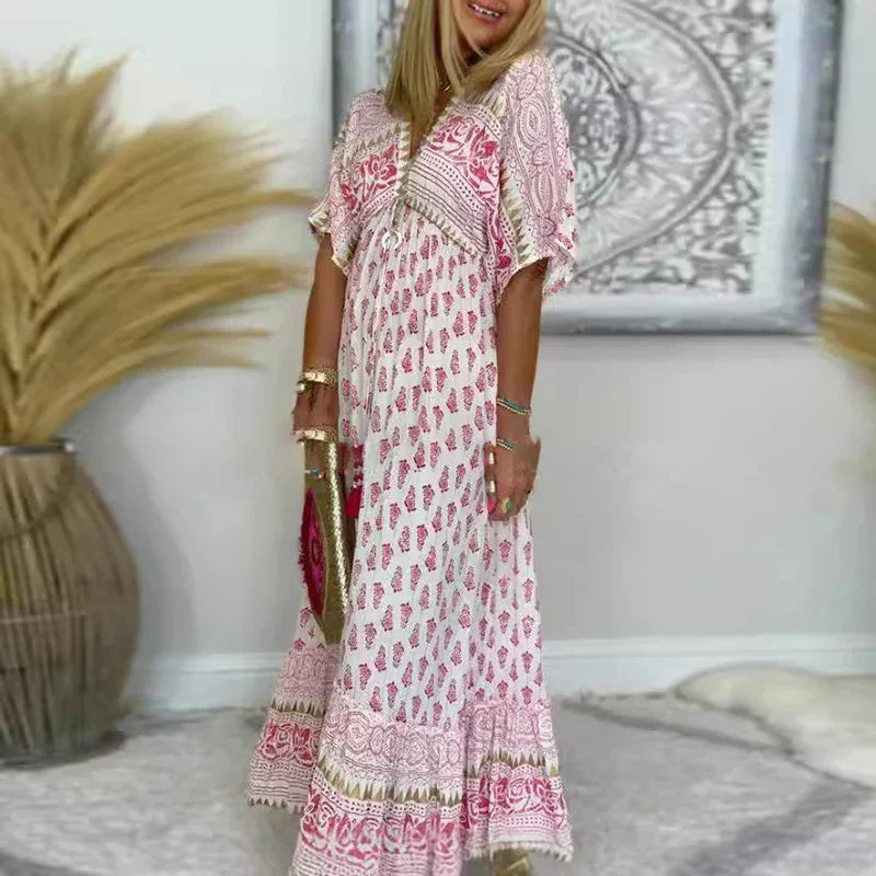 Robe Maxi Imprimée Femme Décolleté V Manches Courtes