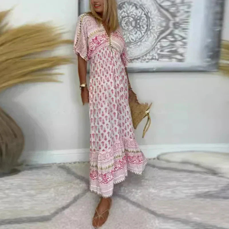 Robe Maxi Imprimée Femme Décolleté V Manches Courtes