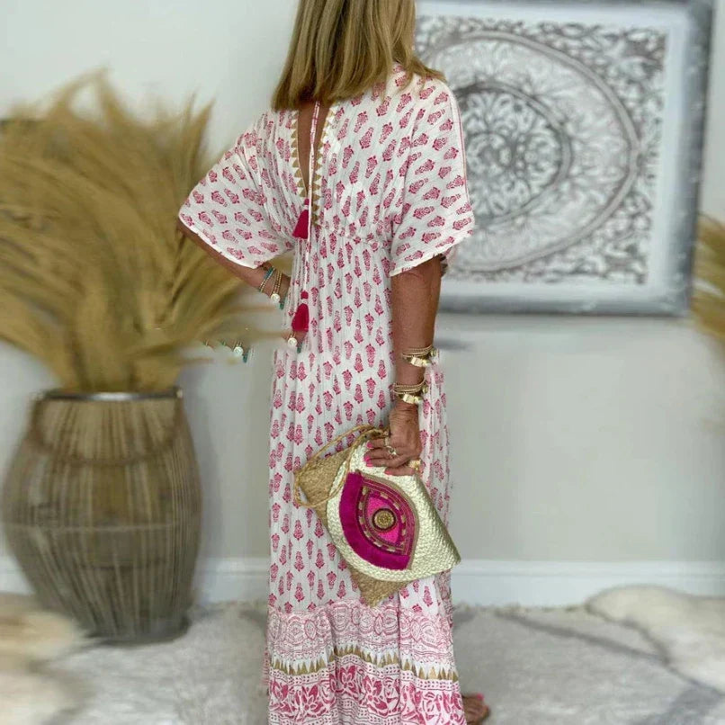 Robe Maxi Imprimée Femme Décolleté V Manches Courtes