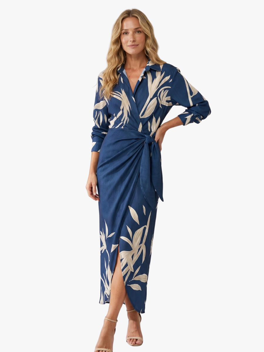 Robe maxi portefeuille femme manches longues col V imprimé végétal