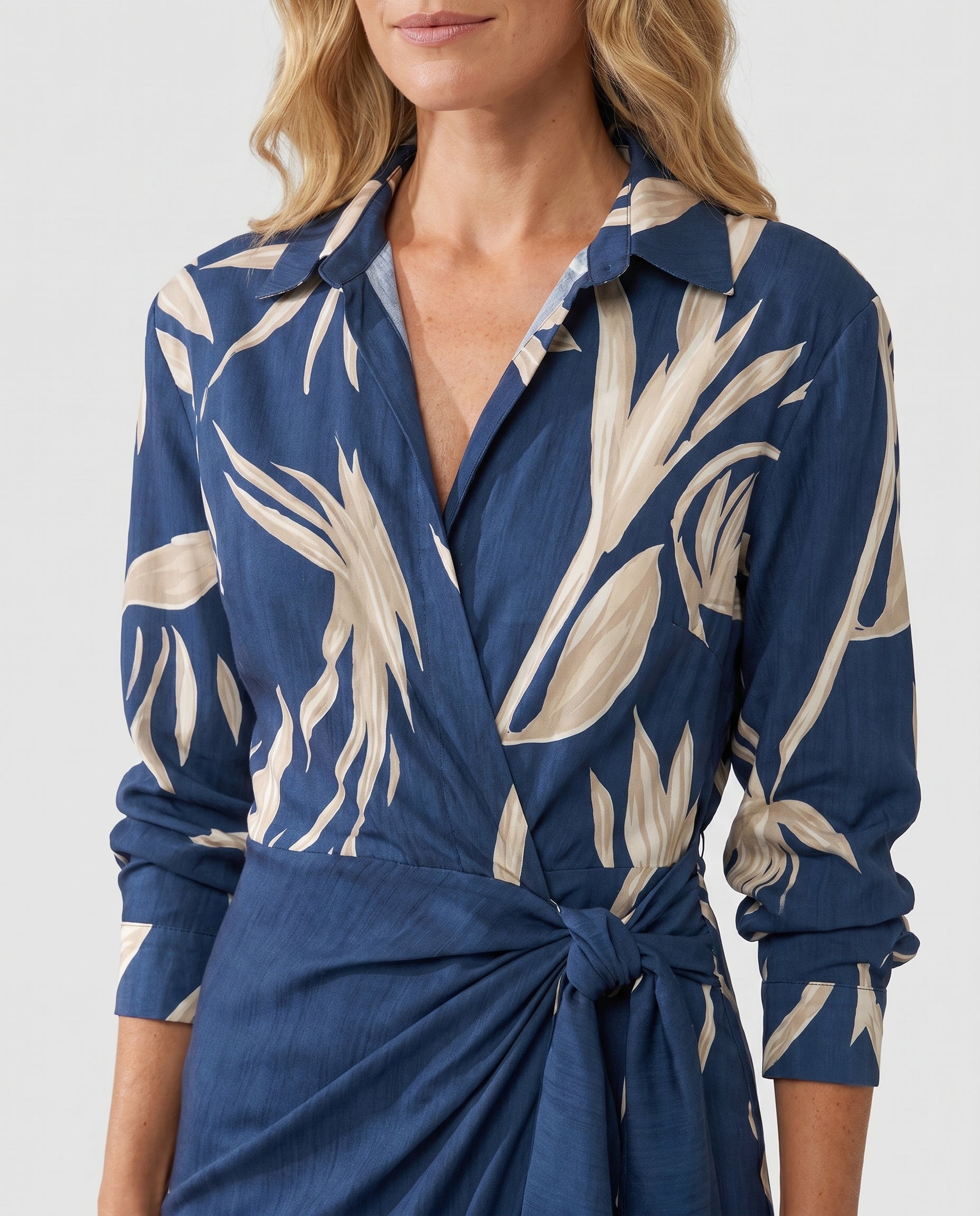 Robe maxi portefeuille femme manches longues col V imprimé végétal