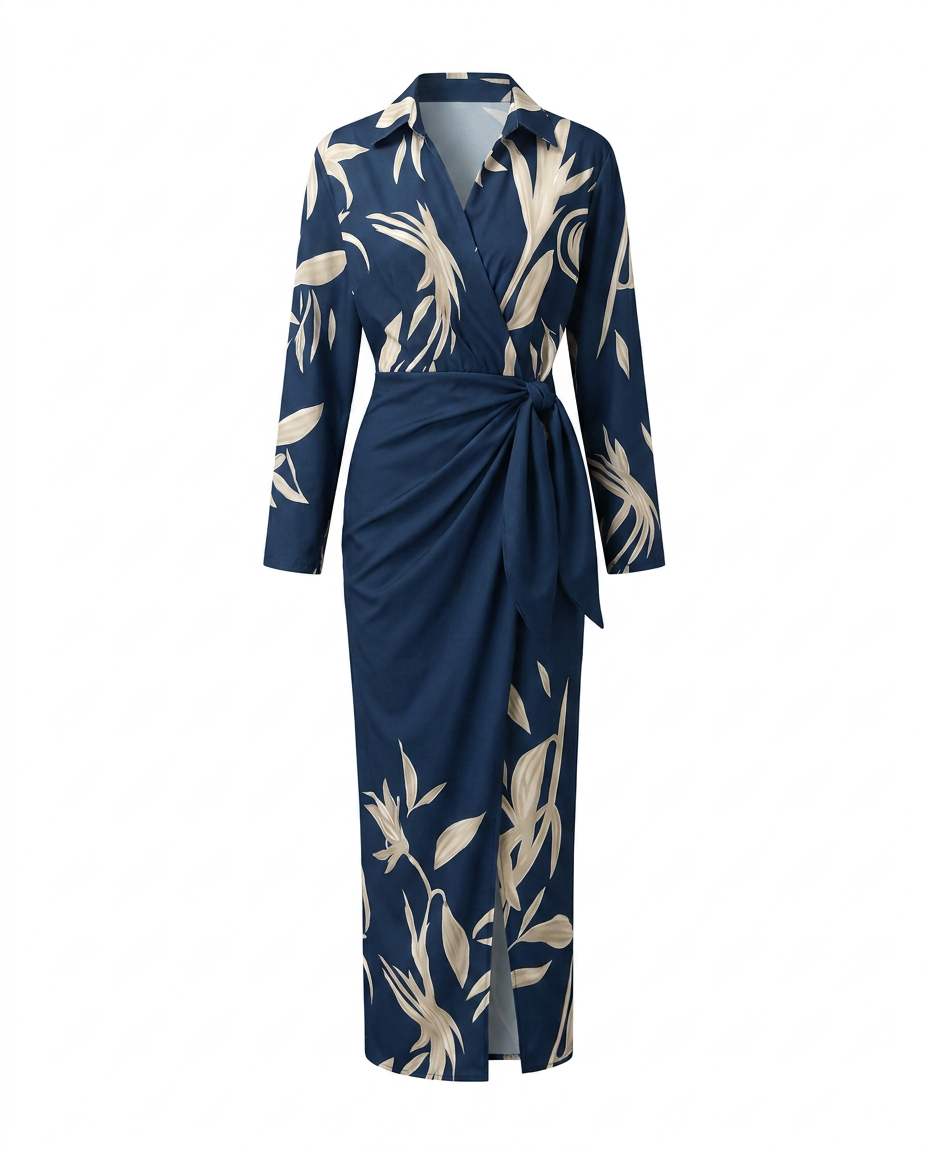 Robe maxi portefeuille femme manches longues col V imprimé végétal