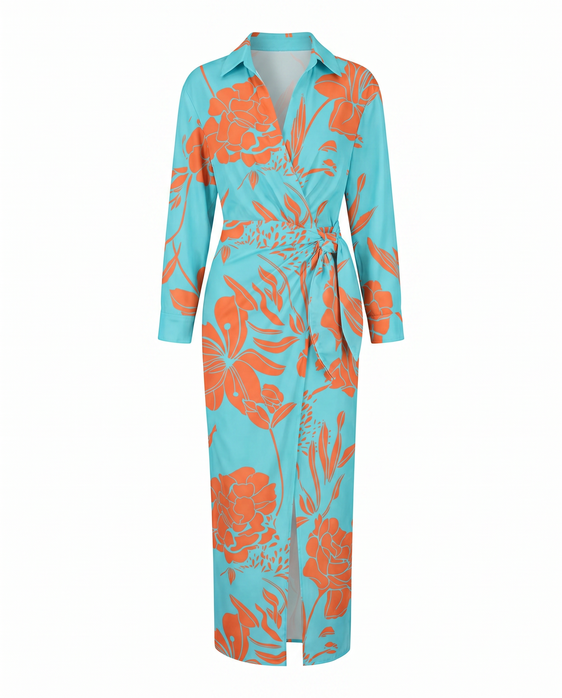 Robe maxi portefeuille femme manches longues col V imprimé végétal
