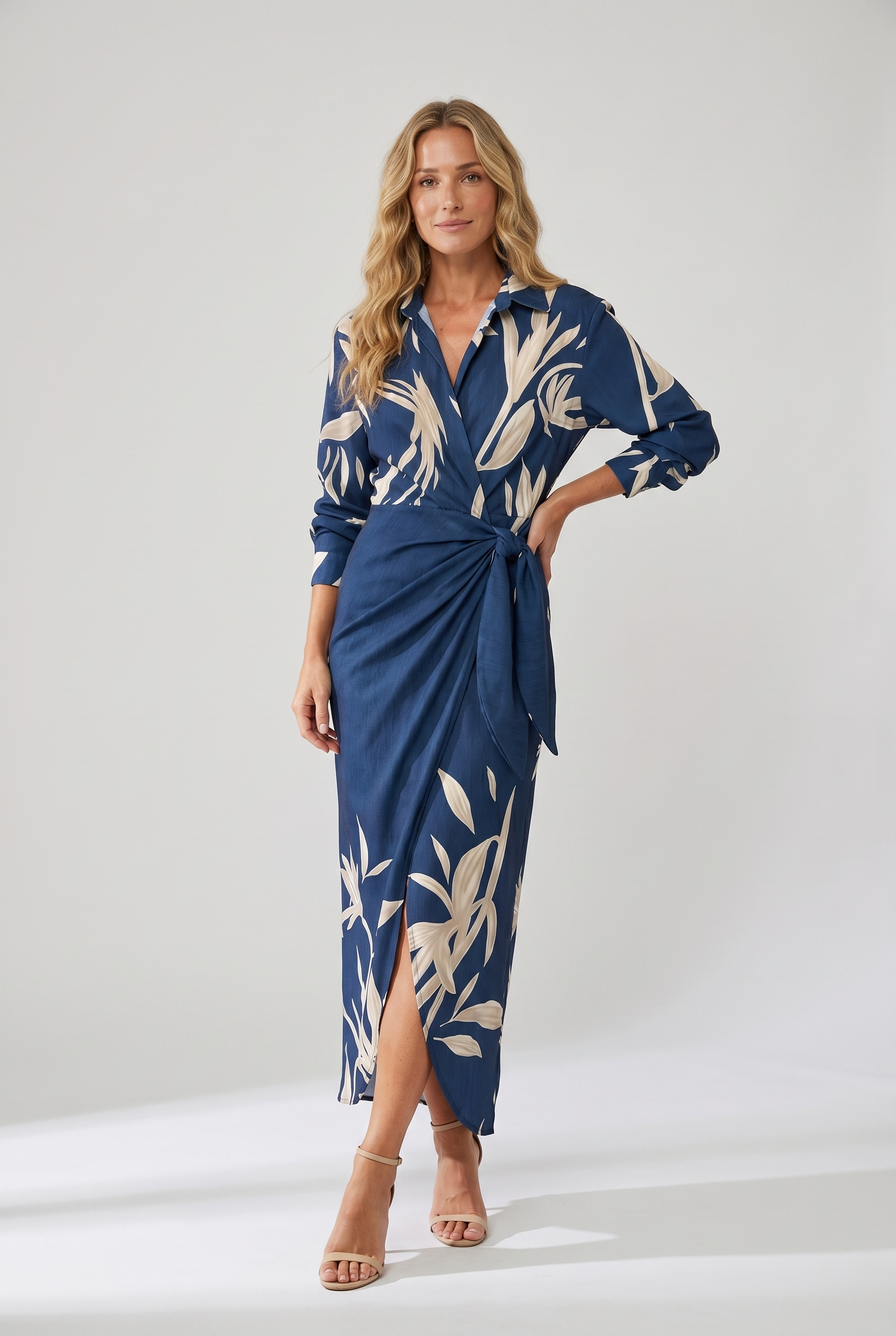 Robe maxi portefeuille femme manches longues col V imprimé végétal