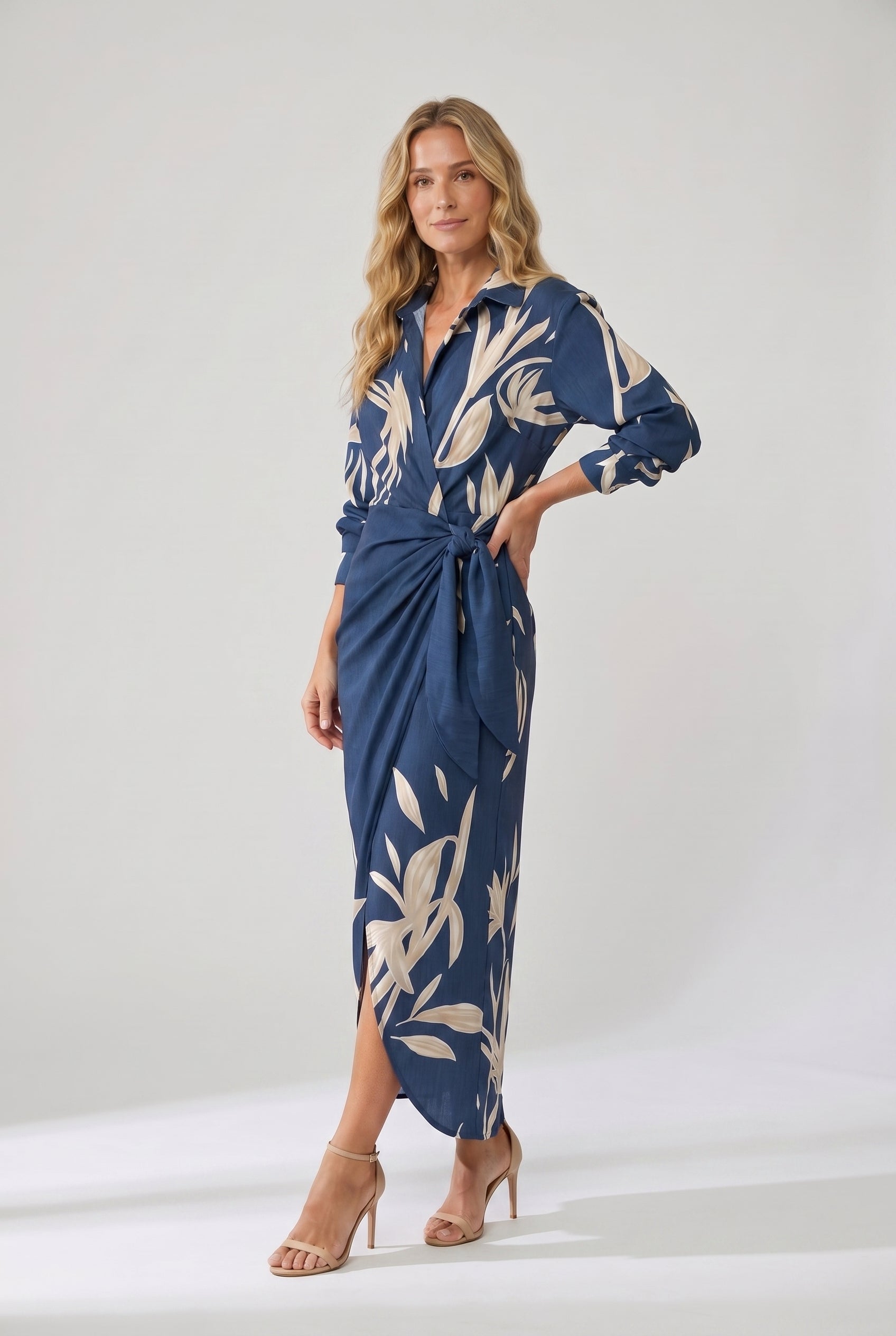 Robe maxi portefeuille femme manches longues col V imprimé végétal
