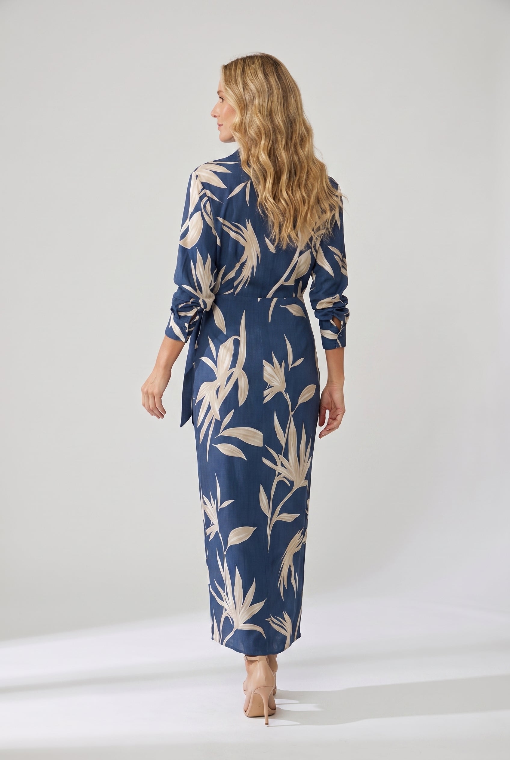 Robe maxi portefeuille femme manches longues col V imprimé végétal