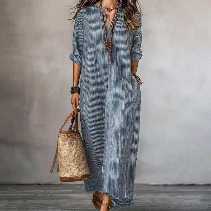 Robe maxi rayée col V femme manches longues