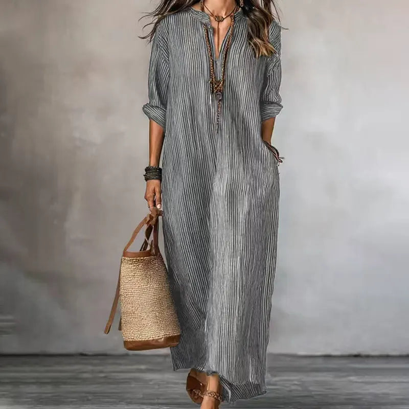 Robe maxi rayée col V femme manches longues
