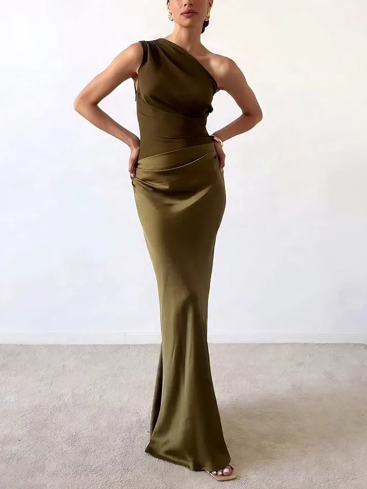Robe maxi une épaule plissée femme pour soirée et cérémonie