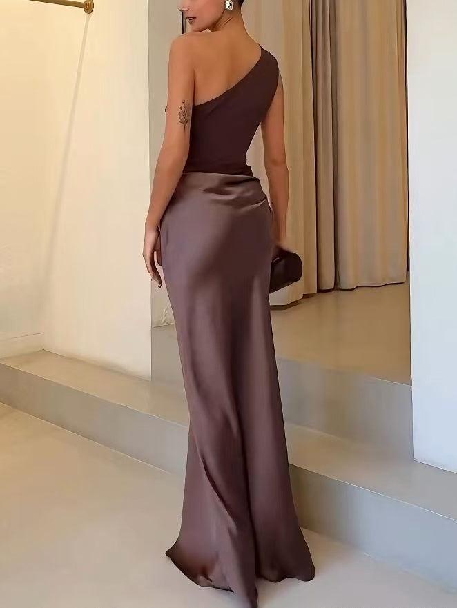 Robe maxi une épaule plissée femme pour soirée et cérémonie