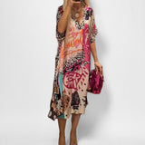 Robe Midi Col V Imprimé Léopard Fleuri Manches Courtes Femme