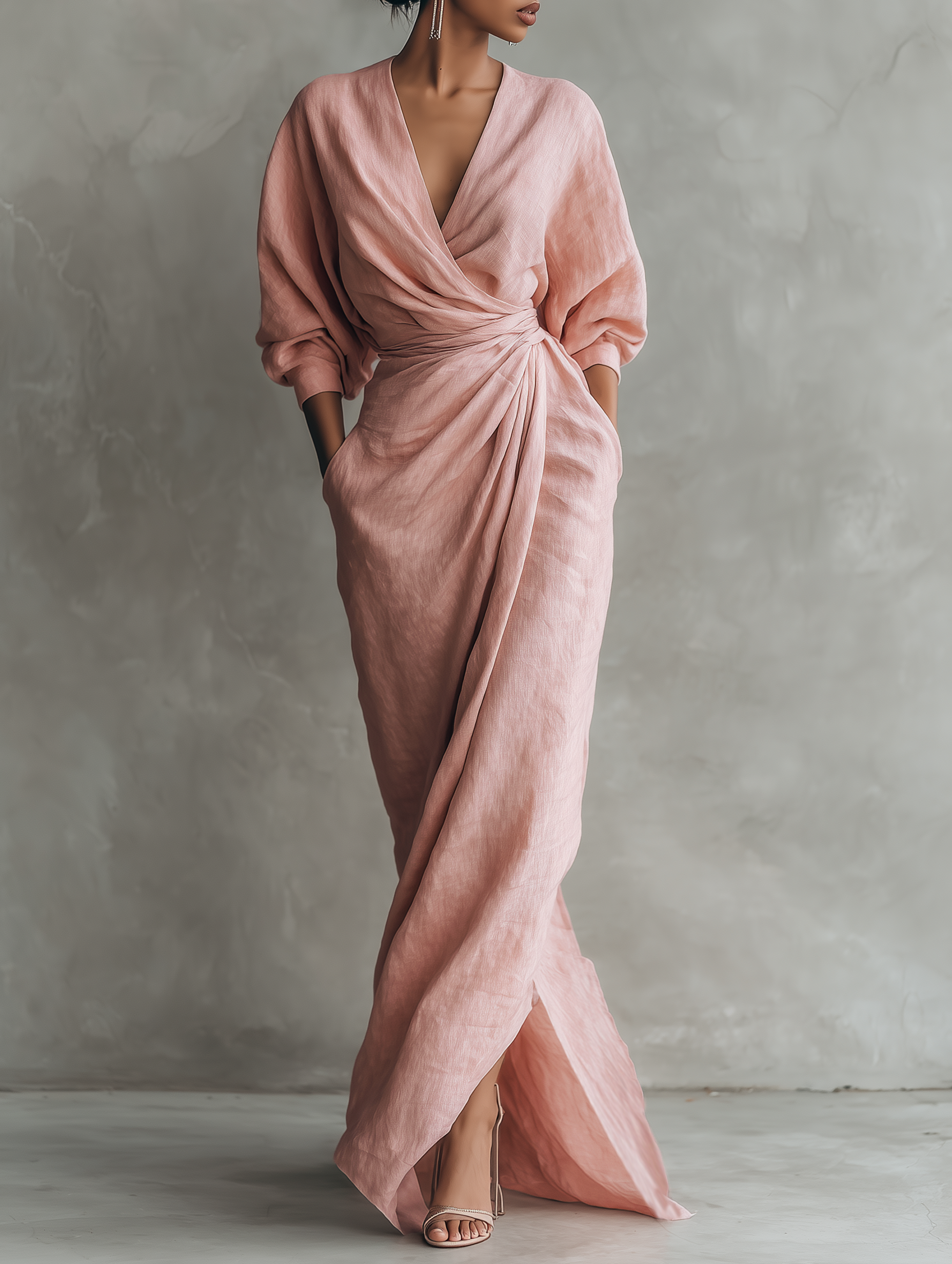 Robe portefeuille maxi femme en lin col V - Rose