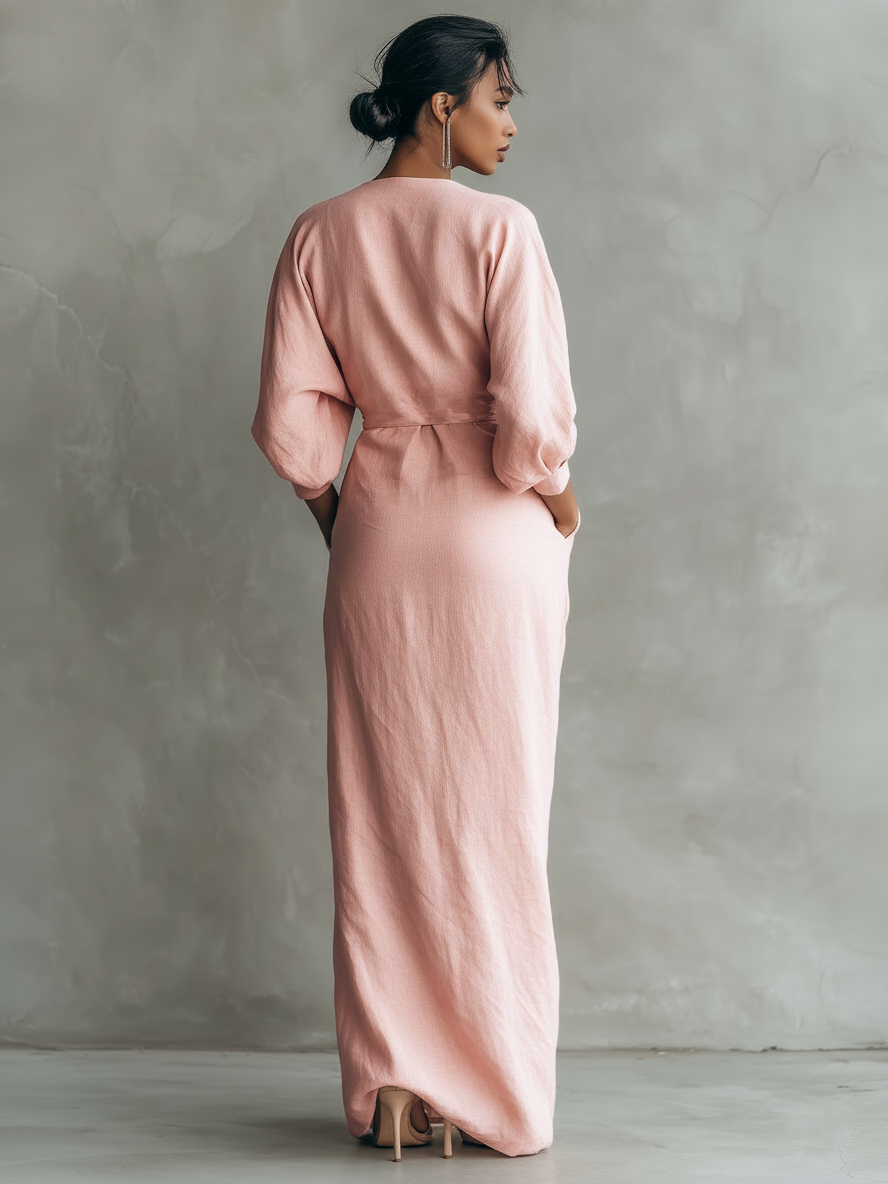 Robe portefeuille maxi femme en lin col V