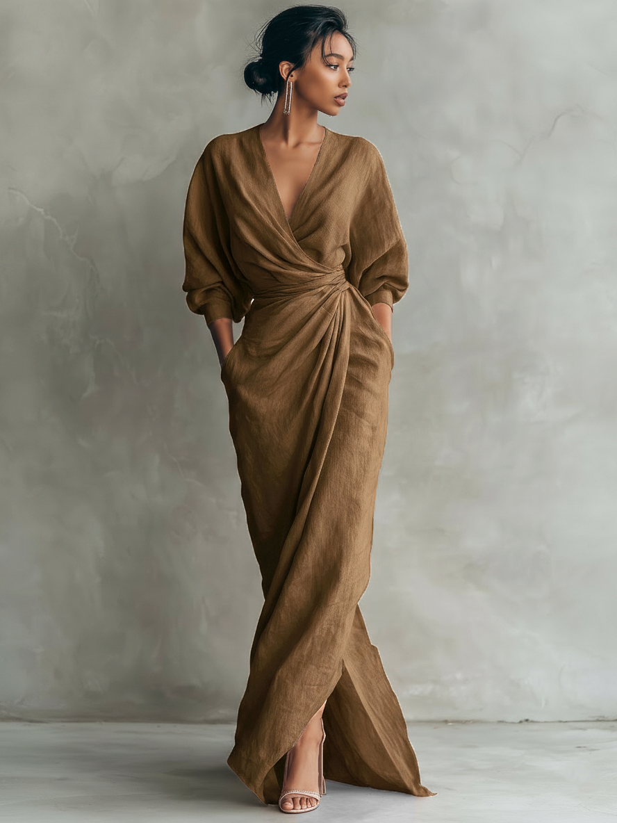 Robe portefeuille maxi femme en lin col V - Marron