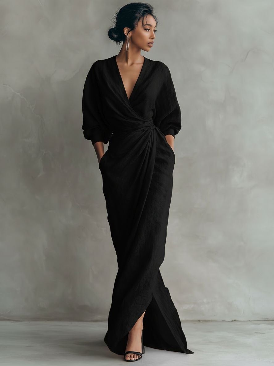 Robe portefeuille maxi femme en lin col V - Noir