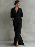 Robe portefeuille maxi femme en lin col V - Noir