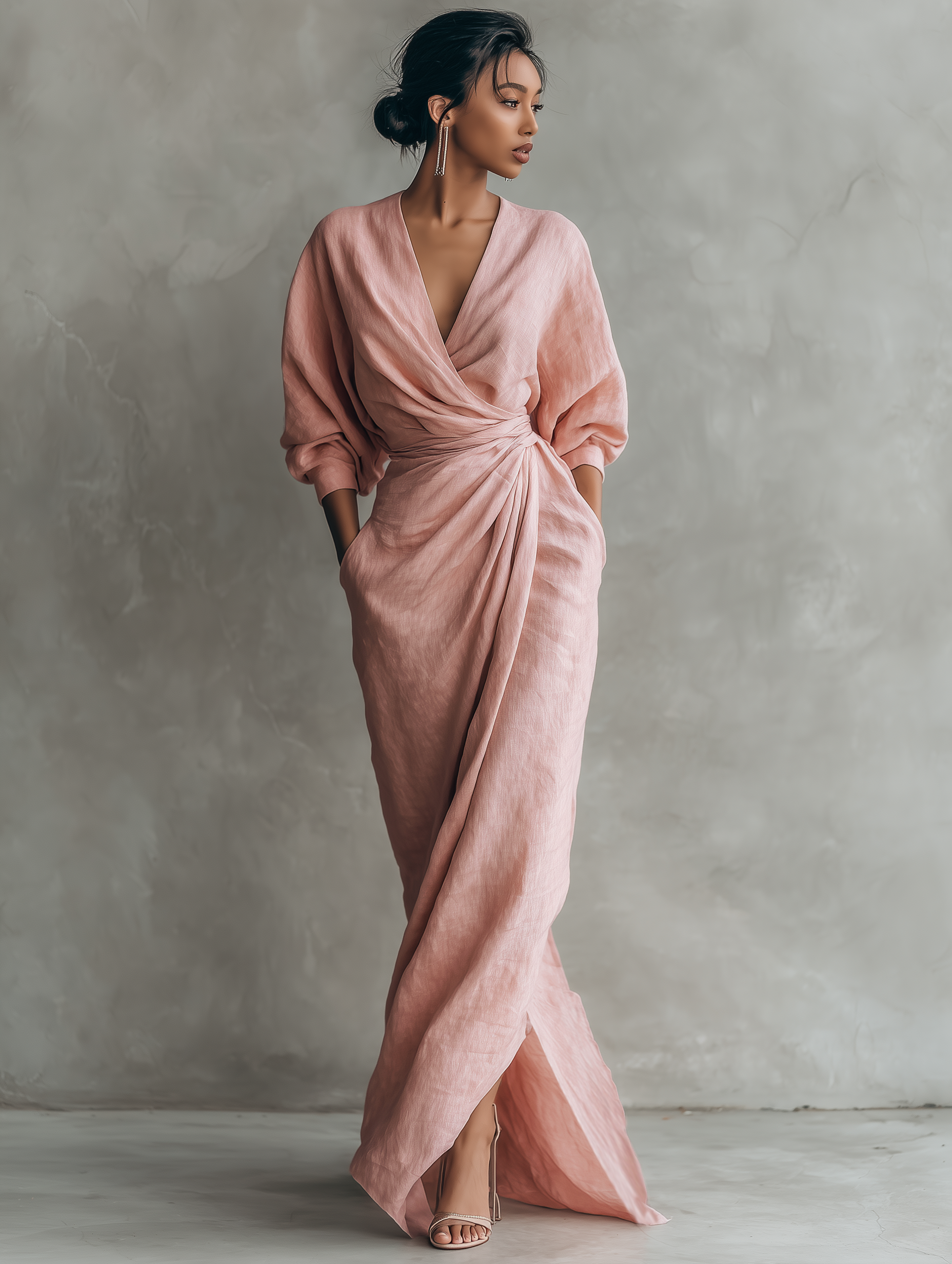 Robe portefeuille maxi femme en lin col V