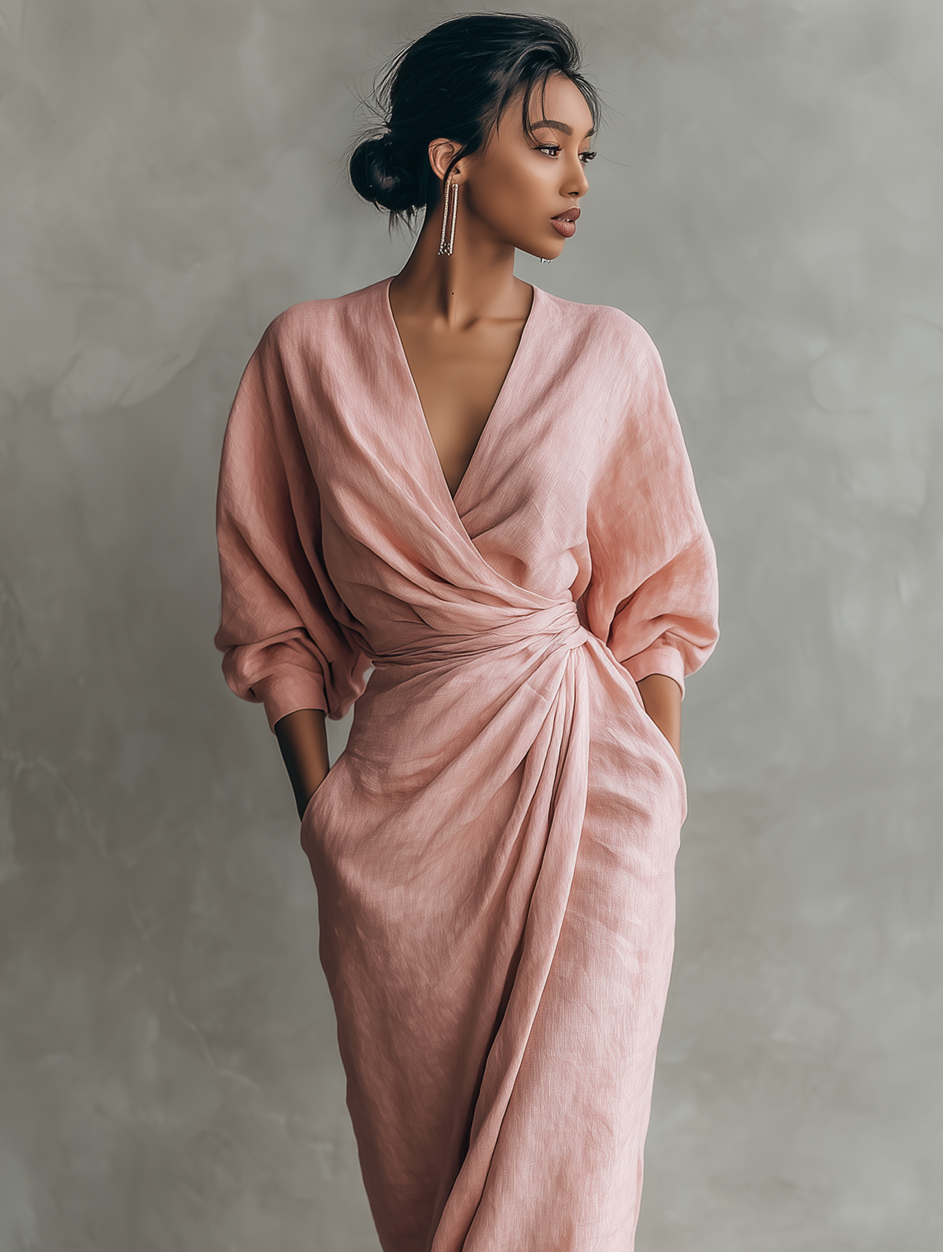 Robe portefeuille maxi femme en lin col V